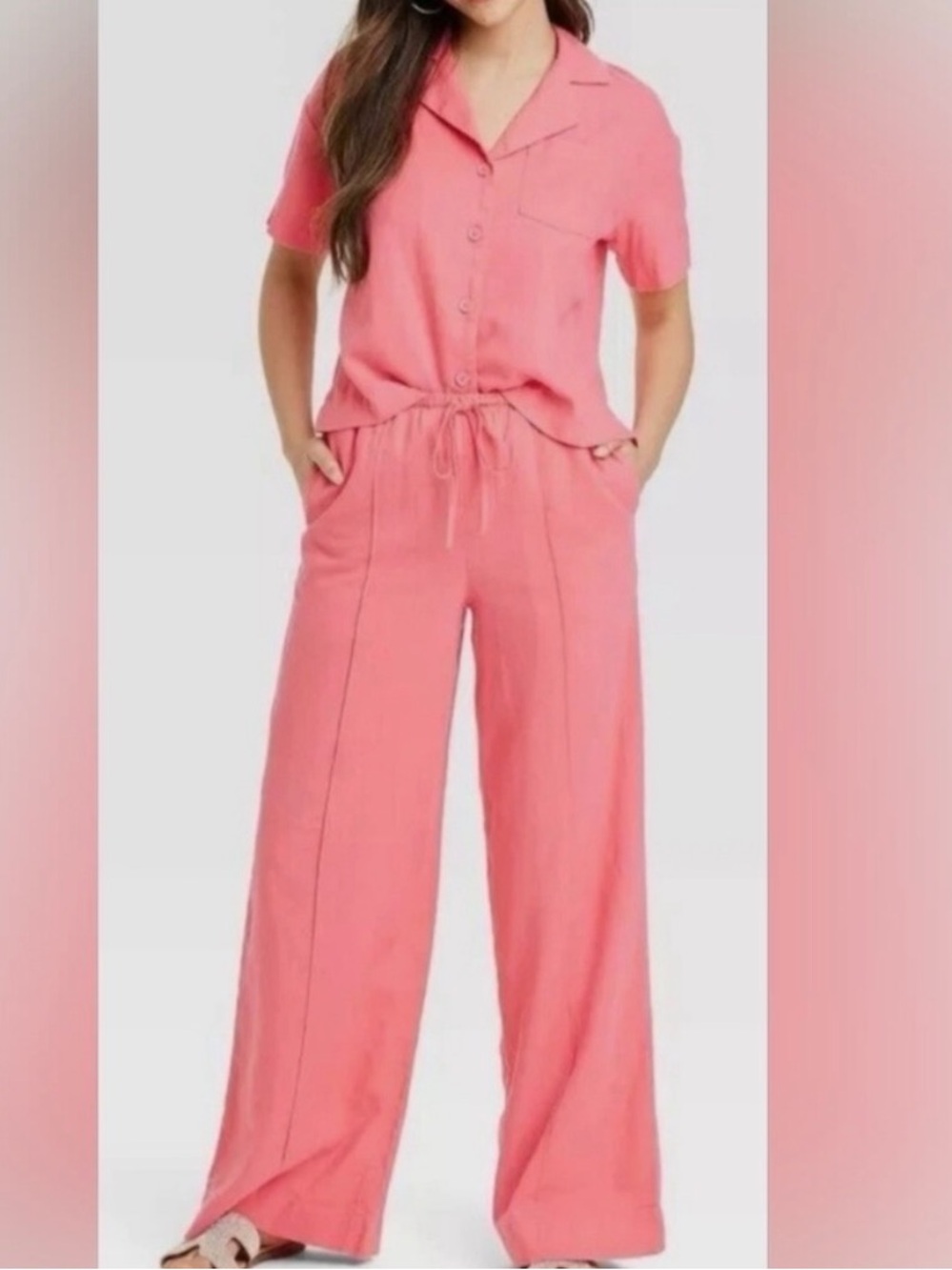 a new day Coral Pink Button-Front Wide Leg Jumpsuit